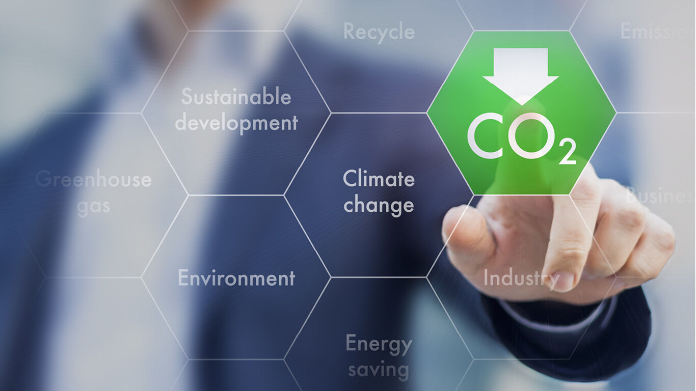 Various keywords related to sustainability with 'reducing carbon dioxide' highlighted